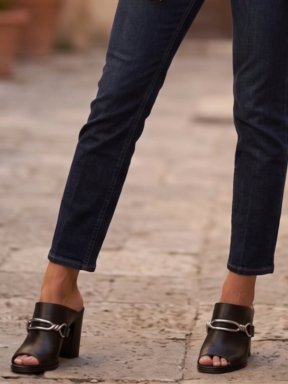 AllSaints Black Open-Toe Slide Mules with Silver Twist Accent